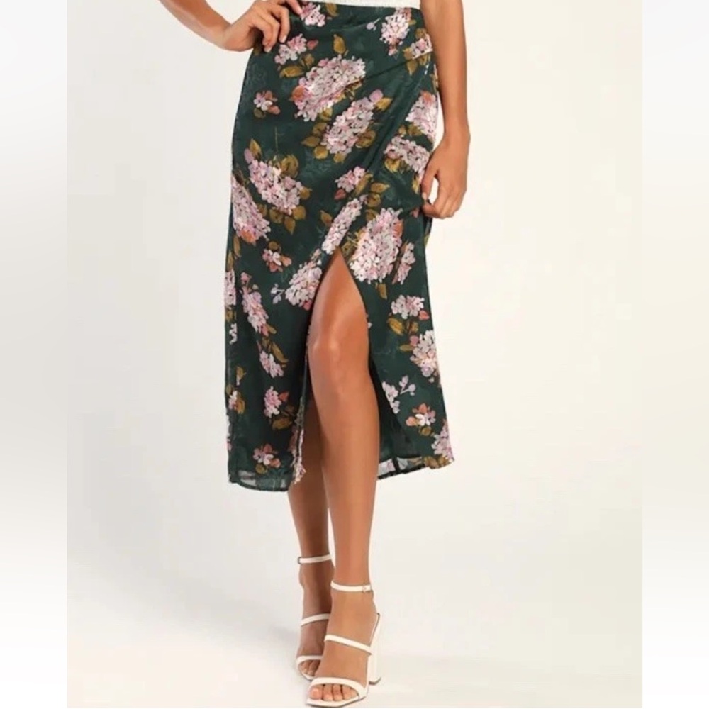 Lulus Resort Vacation Travel Emerald Green Floral Satin Faux Wrap Midi Skirt M